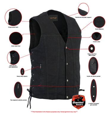 Daniel Smart Mfg. black denim side-laced motorcycle vest features