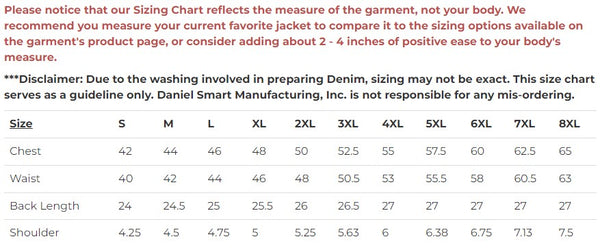 Daniel Smart Mfg. side-laced black denim motorcycle vest sizing chart