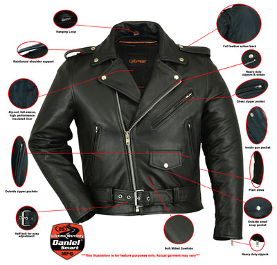 Daniel Smart Mfg. classic police styler leather biker jacket features