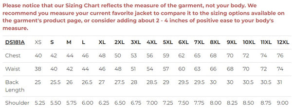 Daniel Smart Mfg. concealed carry leather biker vest sizing chart