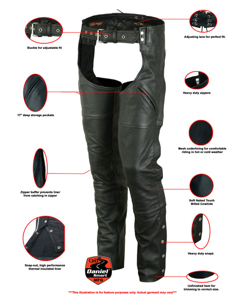Daniel Smart Mfg. thermal-lined leather motorcycle chaps with deep pockets DS488 features