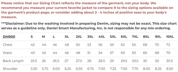 Daniel Smart Mfg. model DM900 leather and denim motorcycle vest sizing chart