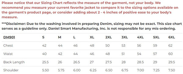 Daniel Smart Mfg. model DM901 leather and denim motorcycle vest sizing chart