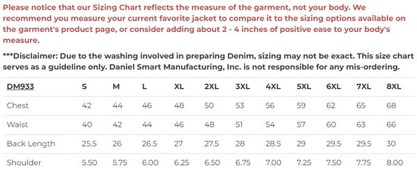 Daniel Smart Mfg. blue denim and leather motorcycle vest sizing chart