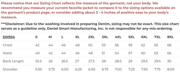 Daniel Smart Mfg. perforated leather and gray denim motorcycle vest sizing chart