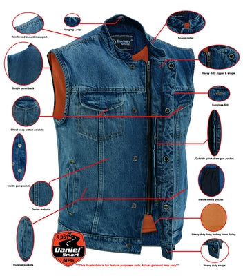 Daniel Smart Mfg. denim motorcycle vest model DM989BU features list