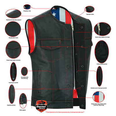 Daniel Smart Mfg. leather motorcycle vest with American flag lining model DS155 features