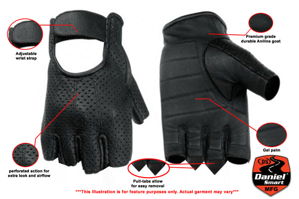 Daniel Smart Mfg. perforated leather fingerless motorcycle gloves features