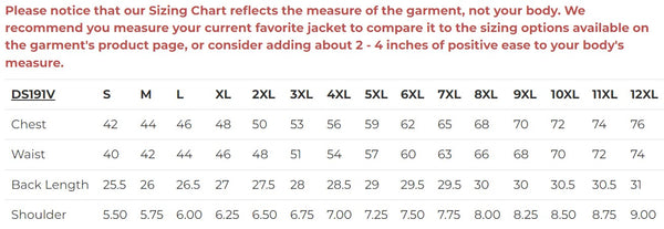 Daniel Smart Mfg. gray leather motorcycle vest sizing chart