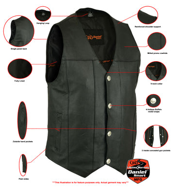 Daniel Smart Mfg. leather motorcycle vest with buffalo nickel snaps features