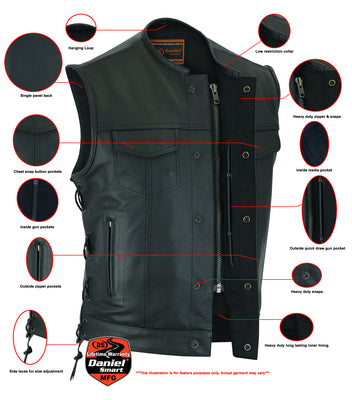 Daniel Smart Mfg. leather motorcycle vest with concealed carry holsters features