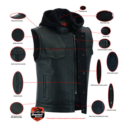 Daniel Smart Mfg. leather motorcycle vest with removable hood features