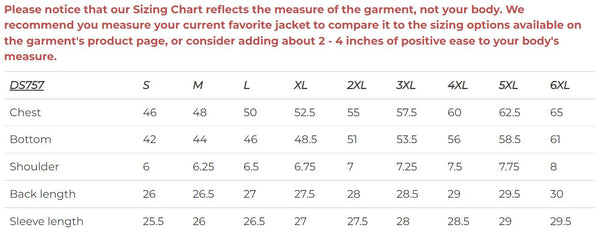 Daniel Smart Mfg. DS757 lambskin motorcycle crossover jacket sizing chart