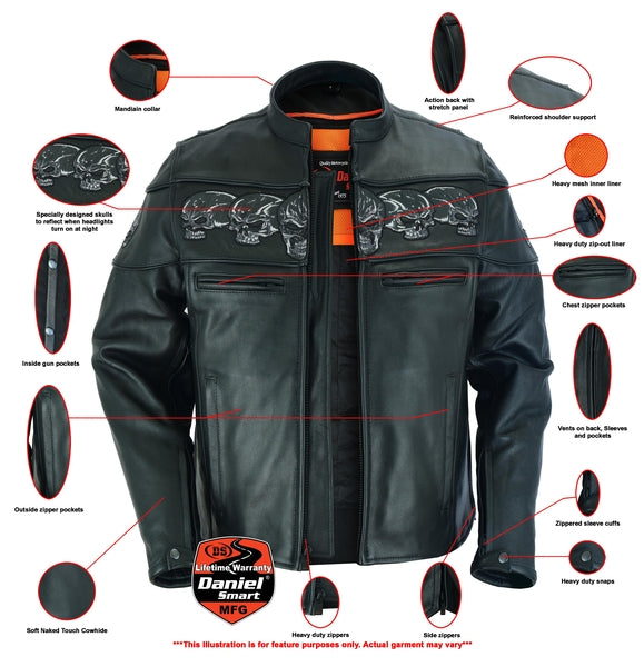 Daniel Smart Mfg. leather motorcycle jacket with glow in dark skulls features