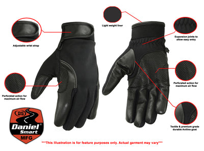 Daniel Smart Mfg. leather and textile motorcycle gloves model DS33 features