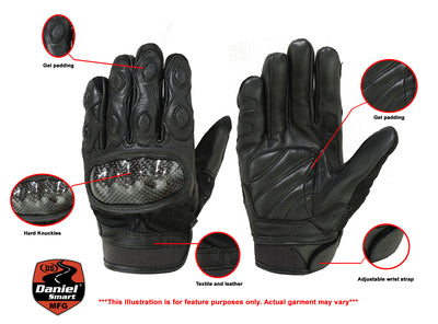 Daniel Smart Mfg. leather and textile sporty motorcycle glove model DS55BK features