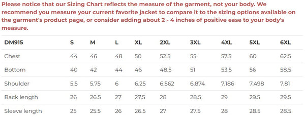 Daniel Smart Mfg. raw denim motorcycle jacket sizing chart