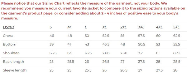 Daniel Smart Mfg. reflective motorcycle jacket DS703 sizing chart