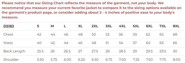 Daniel Smart Mfg. perforated leather single back panel motorcycle vest sizing chart