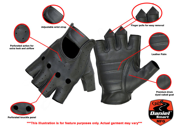 Daniel Smart Mfg. premium fingerless leather motorcycle gloves features