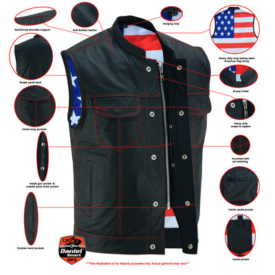 Daniel Smart Mfg. patriotic leather motorcycle vest with red stitching and American flag lining features