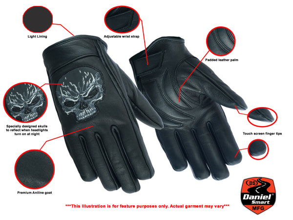 Daniel Smart Mfg. leather motorcycle gloves with reflective skulls features