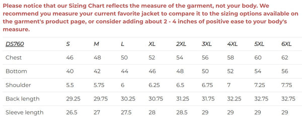 Daniel Smart Mfg. sporty mesh motorcycle jacket sizing chart