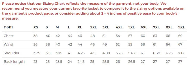 Daniel Smart Mfg. traditional side-laced leather biker vest sizing chart