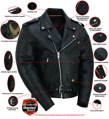 Daniel Smart Mfg. embossed leather motorcycle jacket model DS759 features