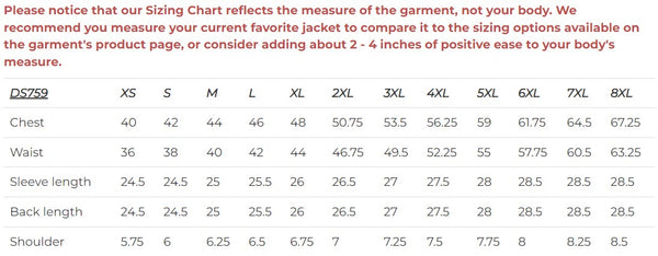 Daniel Smart Mfg. embossed leather motorcycle jacket model DS759 sizing chart