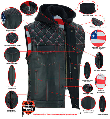Daniel Smart Mfg. diamond stitched USA patriot motorcycle vest with removable hood features
