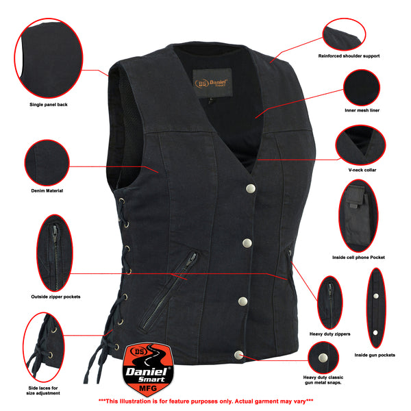 Daniel Smart Mfg. women's black denim concealed carry motorcycle vest features