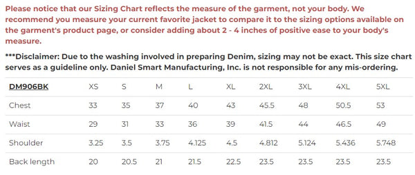 Daniel Smart Mfg. women's black denim concealed carry motorcycle vest sizing chart
