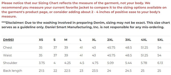 Daniel Smart Mfg. women's classic black denim motorcycle vest DM951 sizing chart