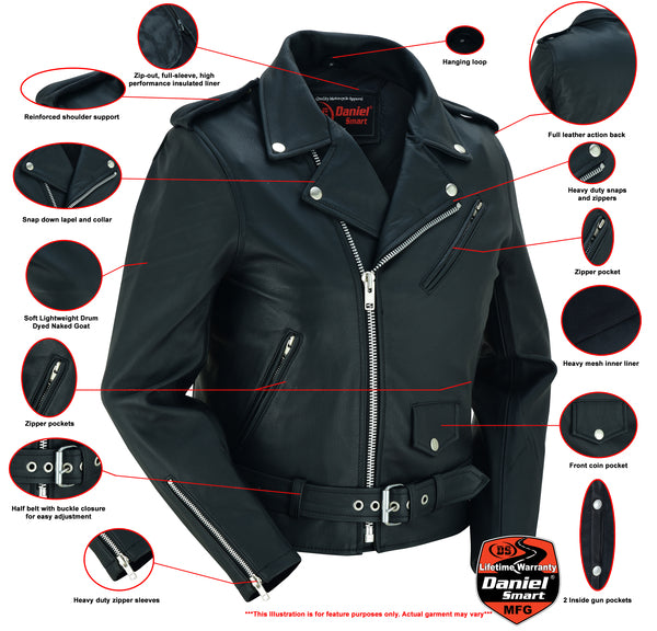Daniel Smart Mfg. women's classic leather biker jacket DS850 features
