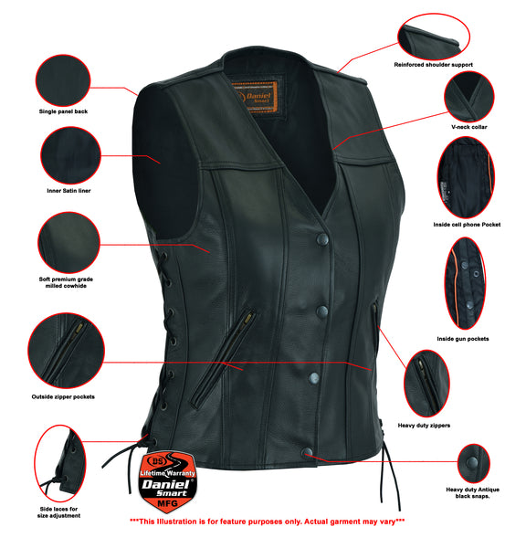 Daniel Smart Mfg. women's leather motorcycle vest DS205 features
