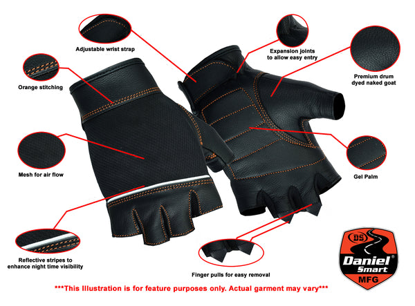 Women's leather and mesh fingerless motorcycle gloves with orange stitching features