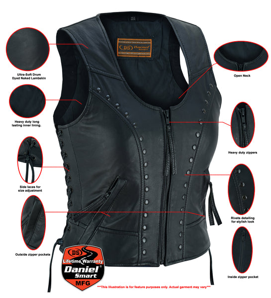 Daniel Smart Mfg. women's lightweight leather motorcycle vest with rivets DS241 features