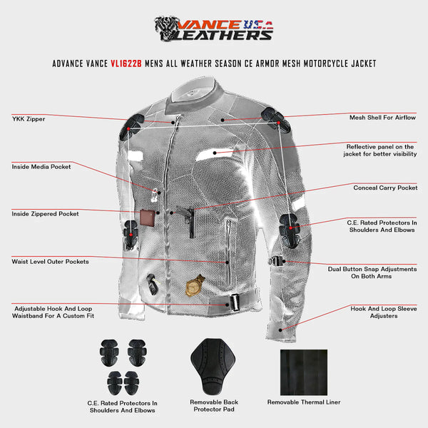Vance Leathers mass airflow reflective mesh motorcycle jacket with CE armor features