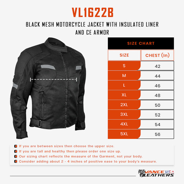 Vance Leathers mass airflow reflective mesh motorcycle jacket with CE armor sizing chart