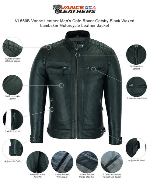 Vance Leathers lambskin leather cafe racer motorcycle jacket black features