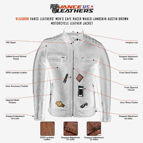 Additional features on Vance Leathers Austin Brown leather cafe racer motorcycle jacket