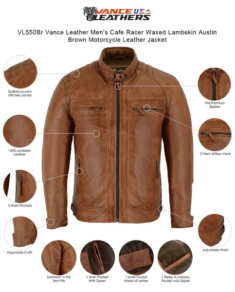 Features on Vance Leathers Austin Brown lambskin cafe racer motorcycle jacket