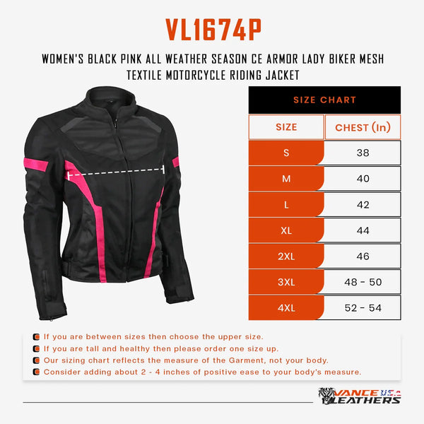 Vance Leathers women's pink & black mesh motorcycle jacket sizing chart