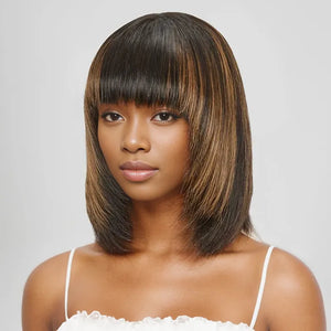 Glueless Layered Highlight Colorful Bob Wig With Straight Bangs - CEXXY Hair
