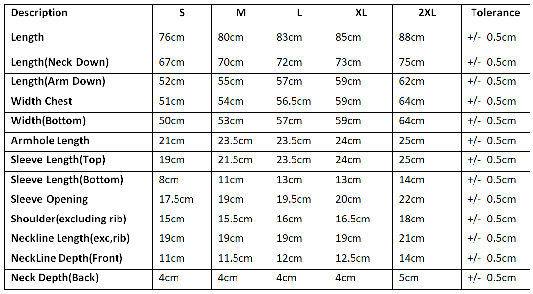 Size Chart For Tees
