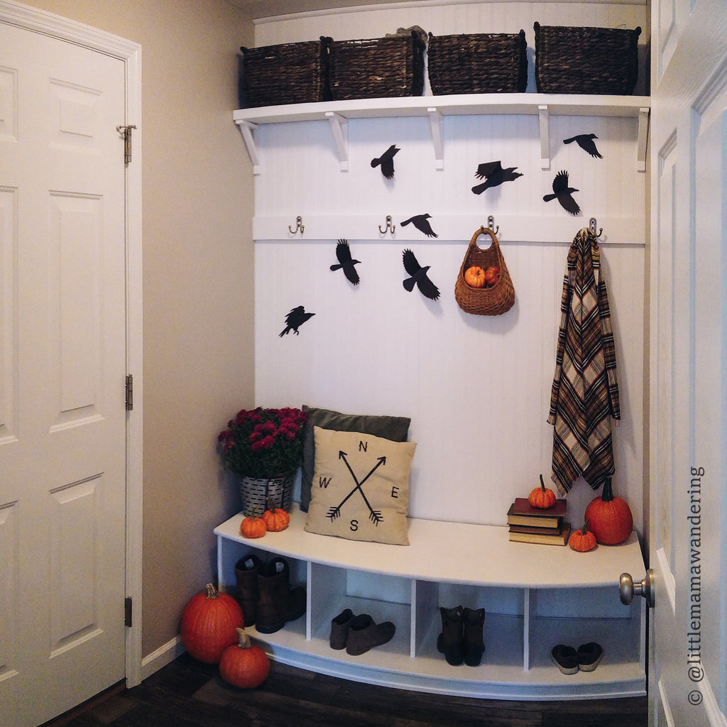 Halloween decor in mudroom