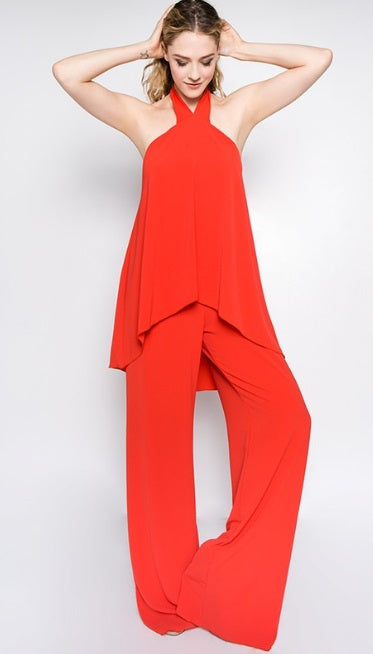 halter red jumpsuit