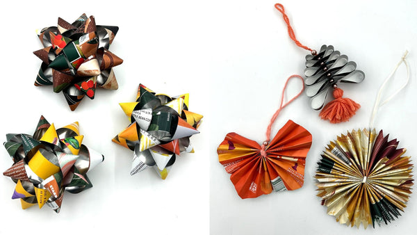 Colorful bows and ornaments made from Starbucks coffee bags