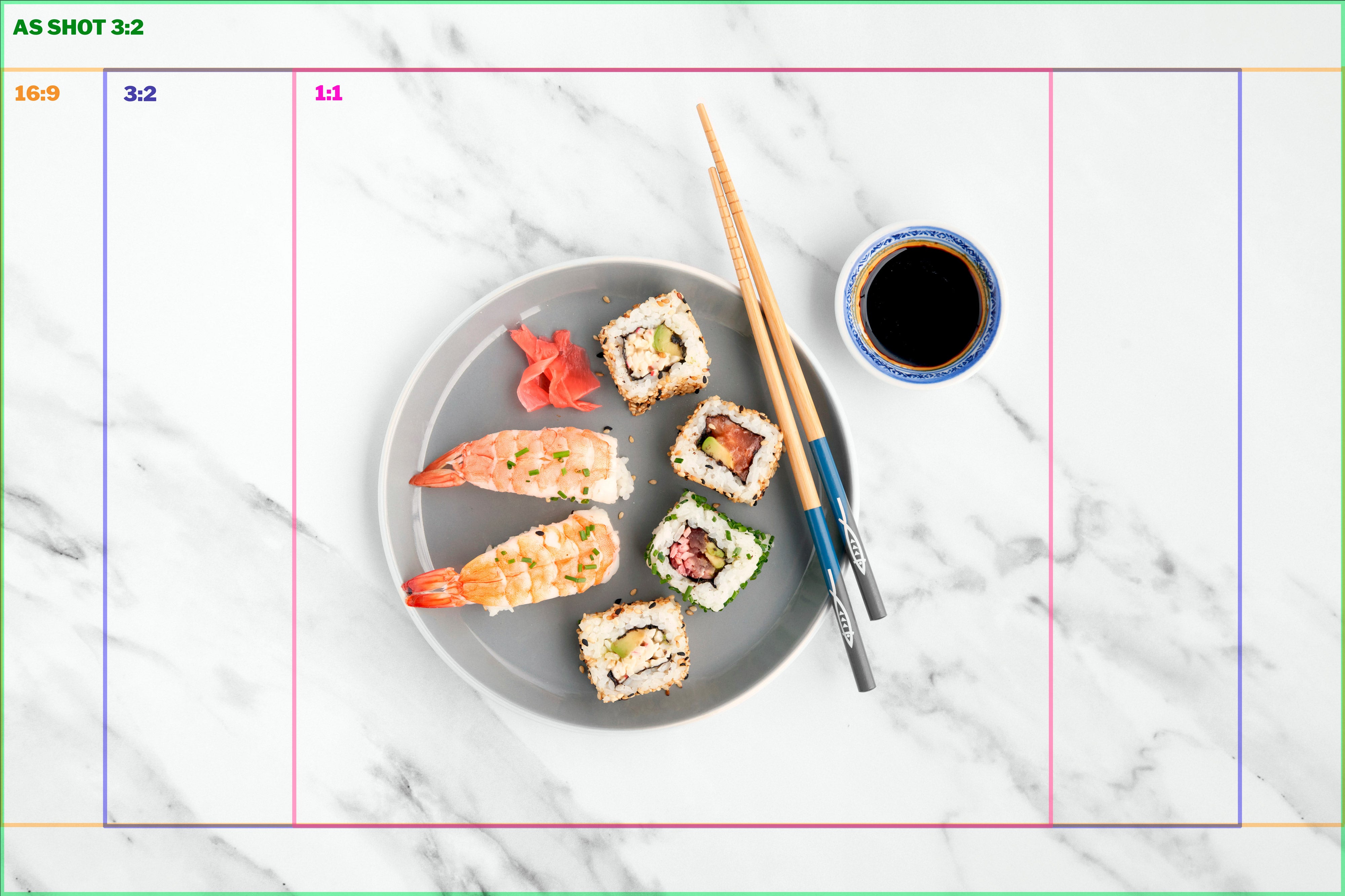 Sushi on arctic marble vinyl photography backdrop with aspect ratio crop guidelines